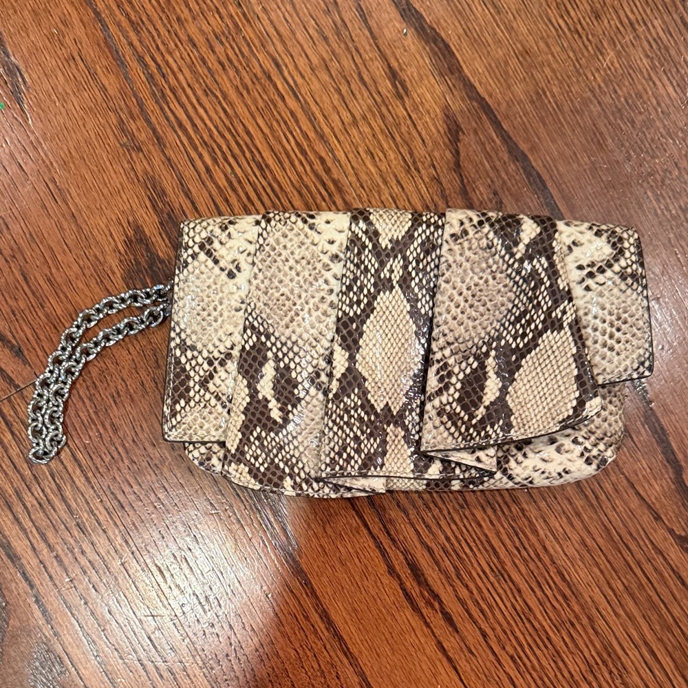 Henri Bendel Snake Print Clutch - Brown and Tan